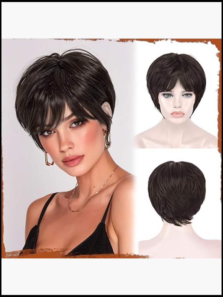 Pixie Cut Wig Short Brown Layered Synthetic Hair With Bangs Glueless Heat
